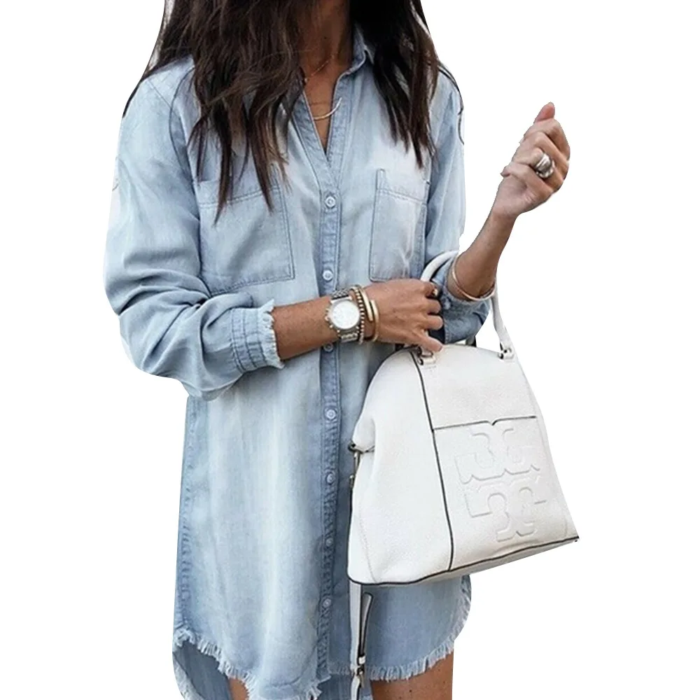 light blue Женская Джинсовая блузка с длинным рукавом, джинсовая рубашка, платье для женщин размера плюс, рубашки с отложным воротником, летние женские повседневные винтажные офисные Топы - Цвет: light blue