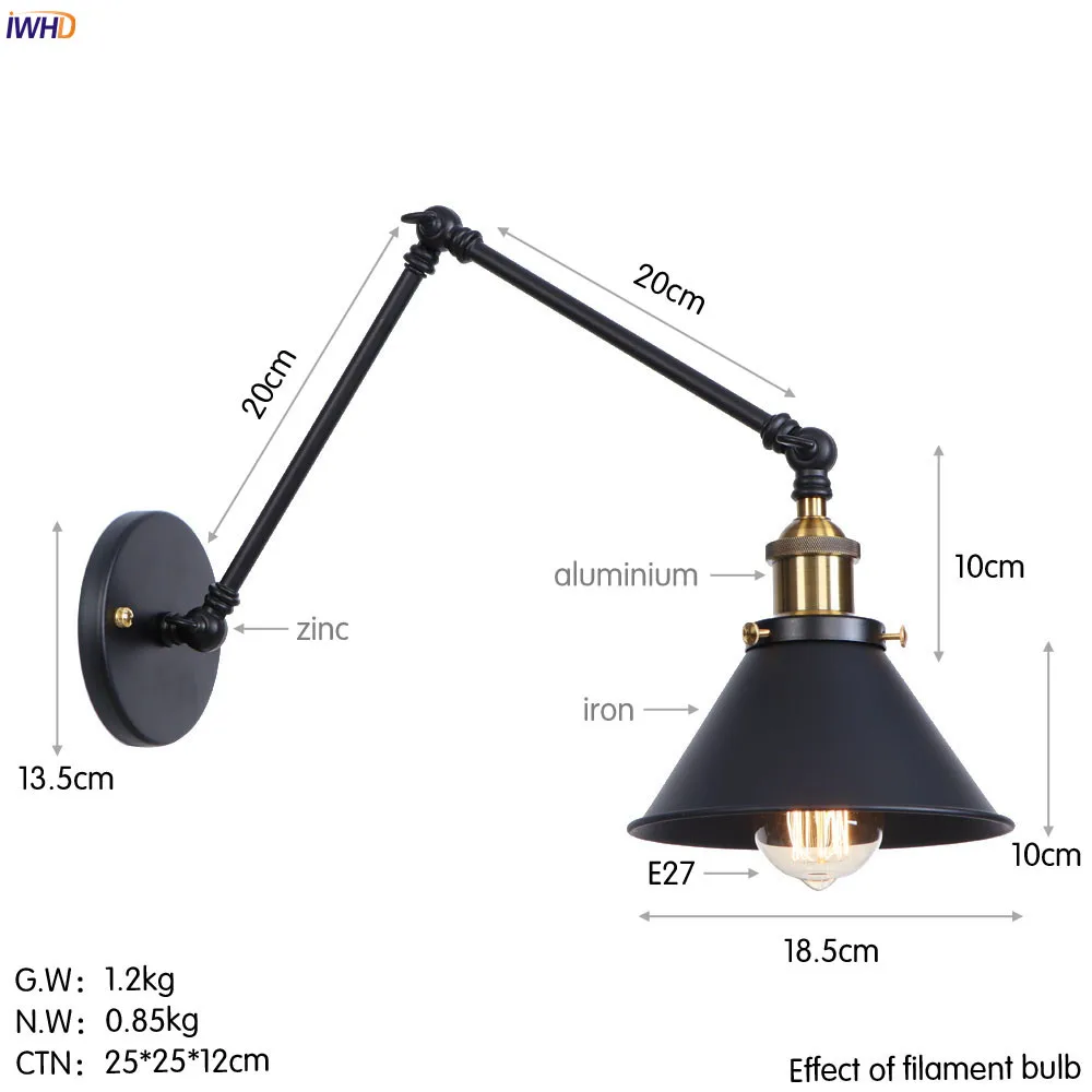IWHD черный ретро светодиодный настенный светильник s светильники Wandlamp железные качели длинные руки винтажный настенный светильник бра Лофт стиль промышленный светильник