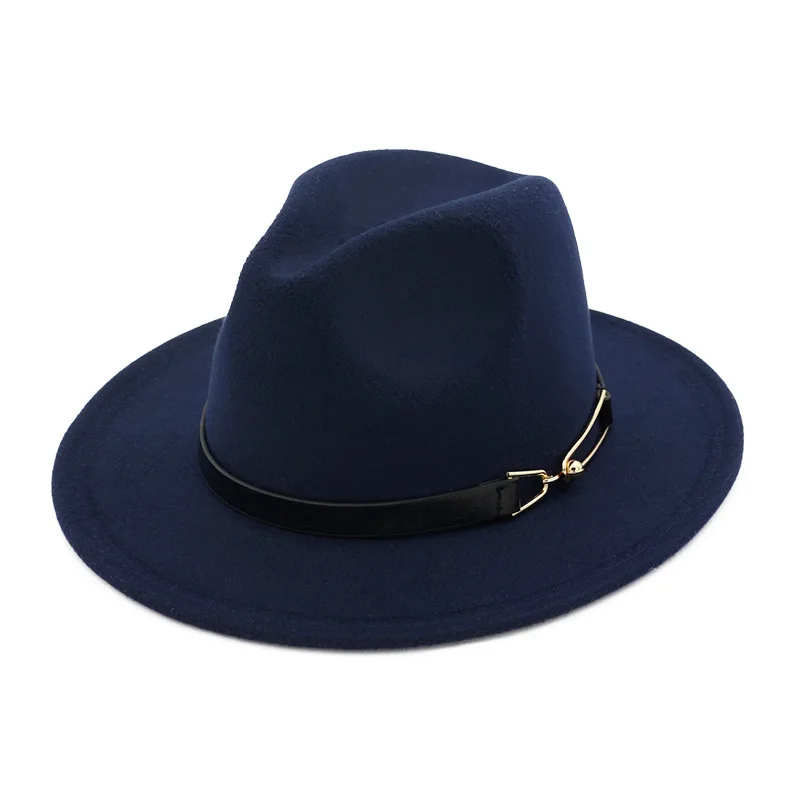 Navy Blue Осенне-зимние женские и мужские фетровые шляпы с пряжкой на ремне с широкими плоскими полями, вечерние шляпы в стиле джаз, кепки в стиле Панамы унисекс - Цвет: Navy Blue