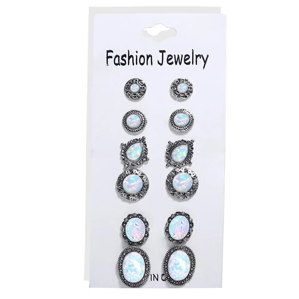 

6 Pairs/Set Fashion Women Round Oval Drop Faux Opal Ear Stud Earrings Jewelry