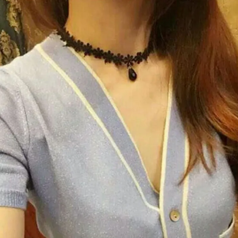 Custom Jewelry Punk Collar Choker Necklace Black Acrylic Water Drop Pendant Lace Flower Sexy Vampire x108 | Украшения и