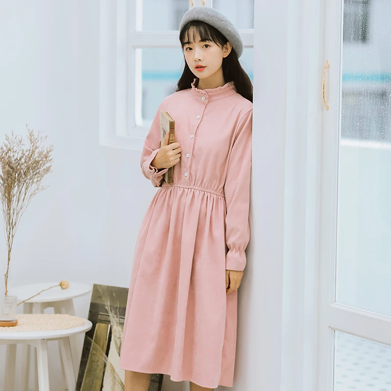 Japan Style Mori Girl Dress 2018 New Autumn Winter Women Ruffled Collar Long Sleeve Corduroy Dresses Khaki Pink Vintage Vestidos | Женская