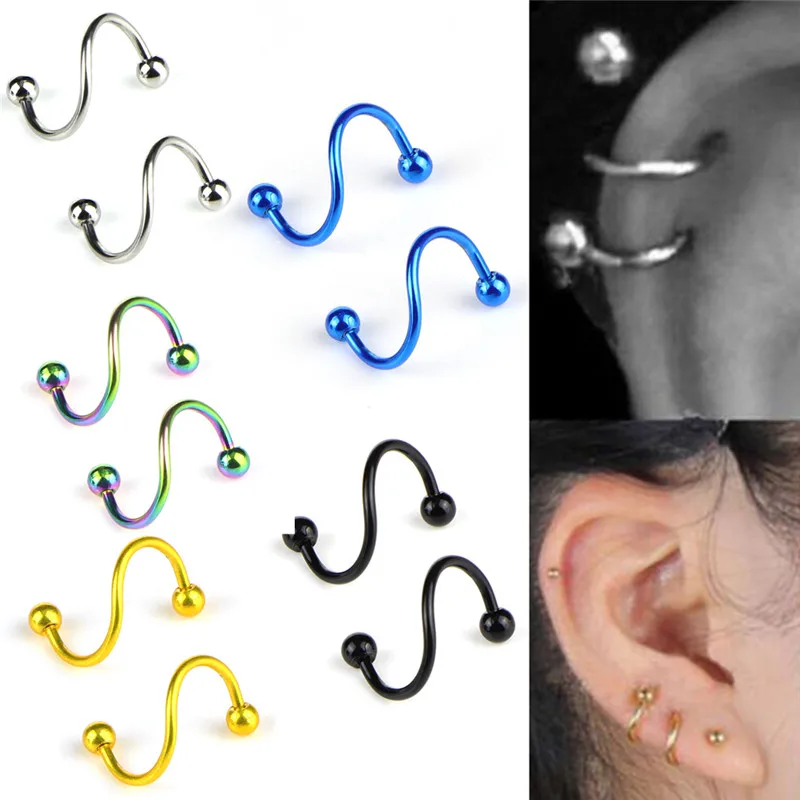 

1 Pair 16 Gauge S Shape Surgical Steel Spiral Twisted Lip Ring Nose Rings Body Accessories Jewelry Ear Cartilage Helix Piercing
