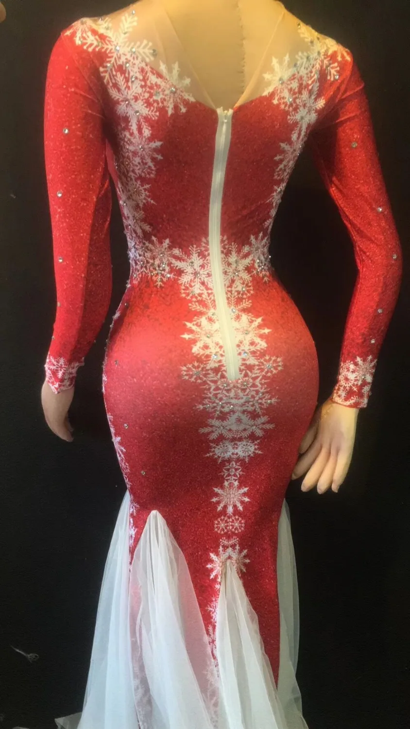 

Women Red 3D Printed Rhinestones Trailing Dress Bling Crystals White Mesh Long Dress Festival Party Stage Wear Singer DS Costume