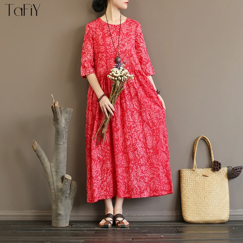 TaFiY Vestidos 2018 женское весенне летнее платье с винтажным принтом коротким рукавом и