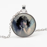vintage angel fashion glass pendant necklace guardian angel christian catholic pendant necklace religious souvenir long chain
