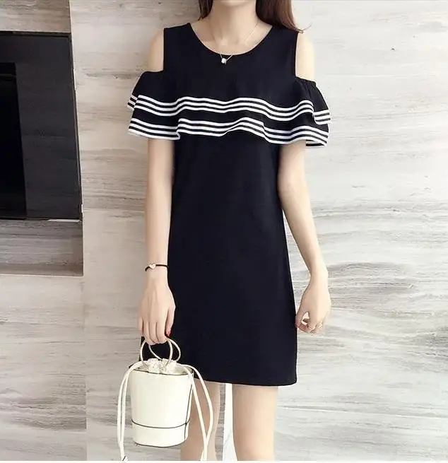 Summer dress Flap-sided striped a-style off-the-shoulder Sweet girlish Loose | Женская одежда