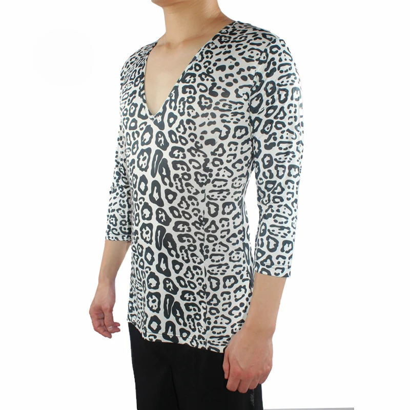 

Black And White Leopard Summer New Men'S Latin Dance Tops V-Neck Shirt 6 Points Sleeves Ballroom Samba Practice Shirt ZH3118