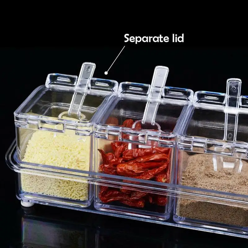 

Four Grid Kitchen Seasoning Box Set Crystal Transparent Seasoning Jar Salt Sugar Creative Seasoning Spoon Box Kitchen Gadget