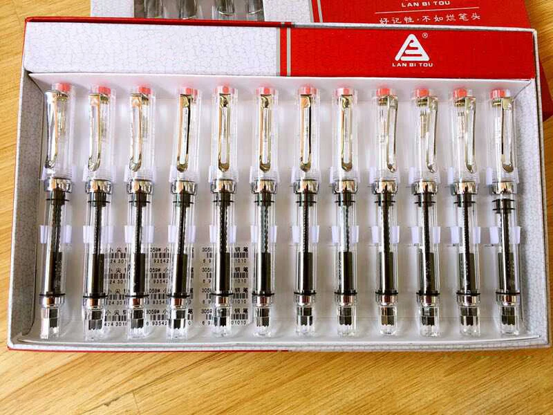 12pcs/box Lanbitou Transparent Fountain Pen F/EF Hooded Nib Piston Filler Ink Pens for Student Stationery School Supplies