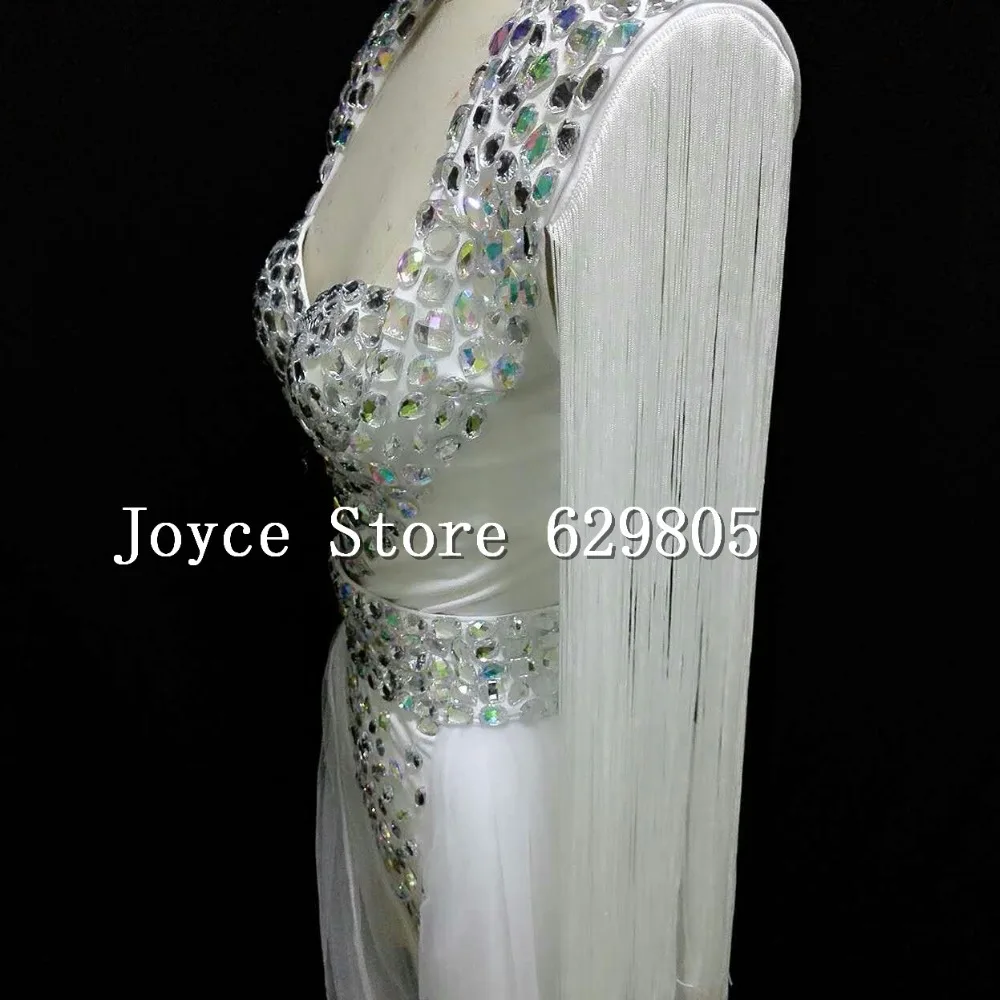 Female Singer Neon Rose White Dj Ds Powder Sparkling Crystals Rhinestone Fashion Epaulette Train Costume Nightclub Dance Wear