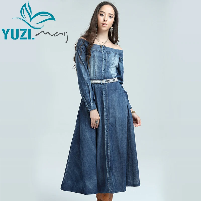 Женское джинсовое платье Yuzi.may ТРАПЕЦИЕВИДНОЕ однобортное Платье Бохо с вырезом