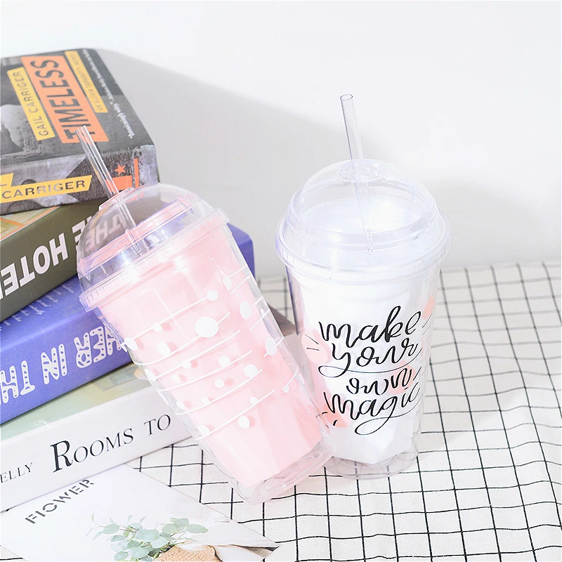 450 мл корейский двухслойная Кружка с трубочкой круглый пластиковый прозрачный