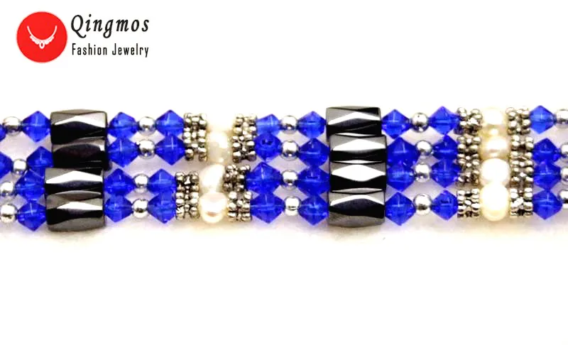 Браслет женский из натурального белого барочного жемчуга 4-5 мм с синим