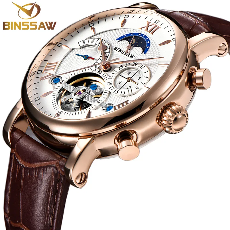 Часы BINSSAW Reloj мужские механические автоматические деловые кожаные Montre Homme Moon Phase