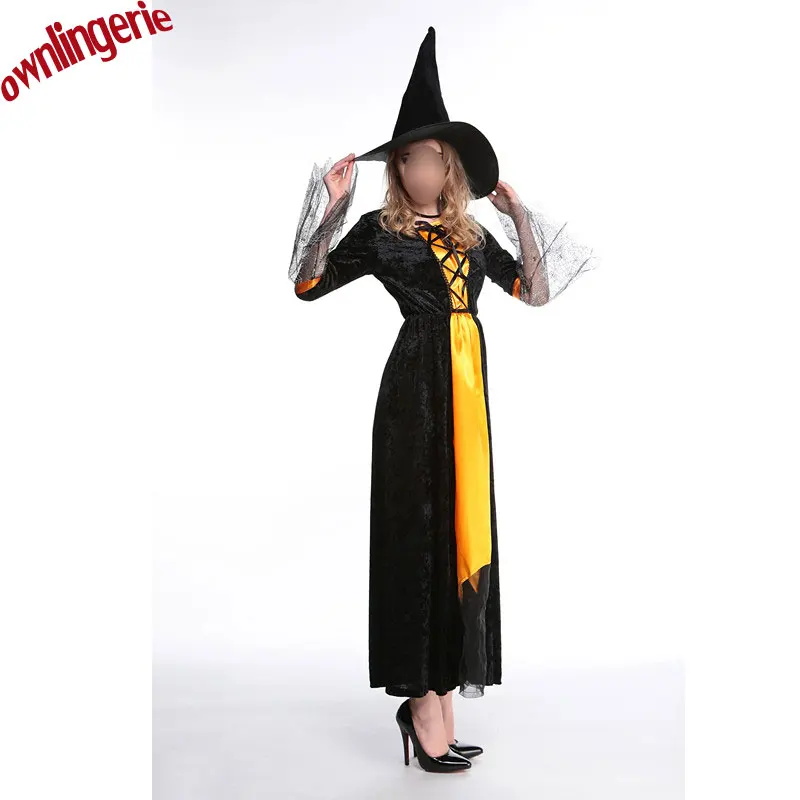 Новый стиль костюм ведьмы на Хэллоуин для взрослых сексуальный желтый и черный