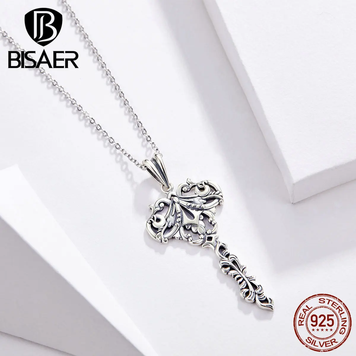 BISAER, сердце, ключ, женские ожерелья, 925 пробы, серебро, Heartslock, ключ, форма, подвеска, ожерелья для женщин, ювелирное изделие, воротник ECN328