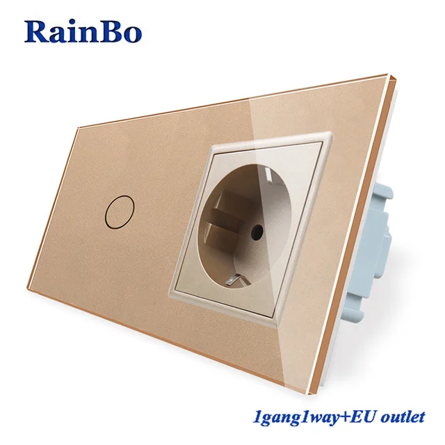 Gold RainBo роскошный-сенсорный экран-управление закаленное-хрустальное стекло-панель настенный светильник 1ганг-1way сенсорный выключатель+ ЕС настенная розетка A29118ECW/B - Цвет: Gold