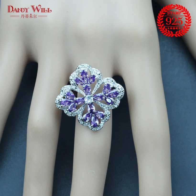 2018 New Flower Purple Zircon Silver 925 Costume Bridal Jewelry Sets Pendant Necklace Rings Earrings Set Jewellery Gift Box | Украшения и