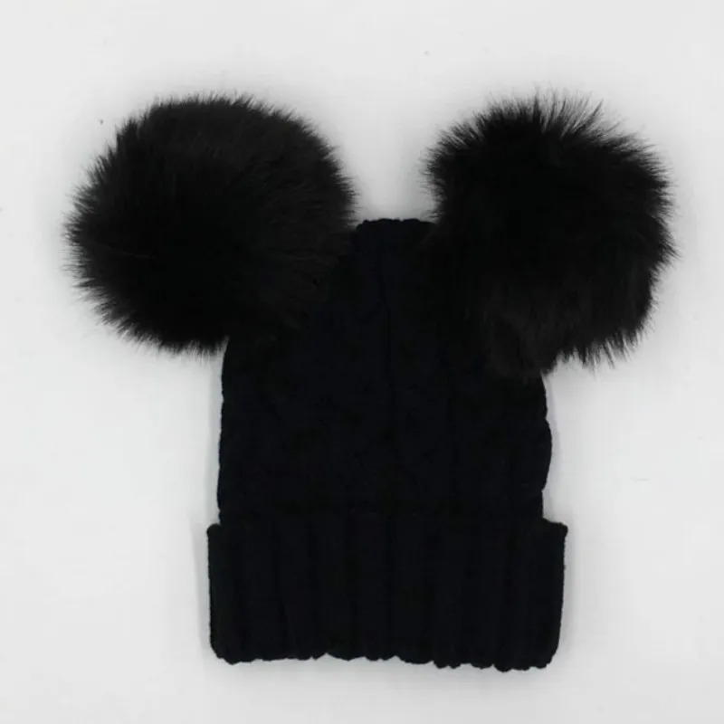 Детская зимняя шапка с помпоном из искусственного лисьего меха вязаная двумя