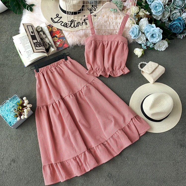 ALPHALMODA/ летний укороченный топ+ юбка трапециевидной формы, женский милый комплект из 2 предметов, куртка и юбка в клетку с высокой талией