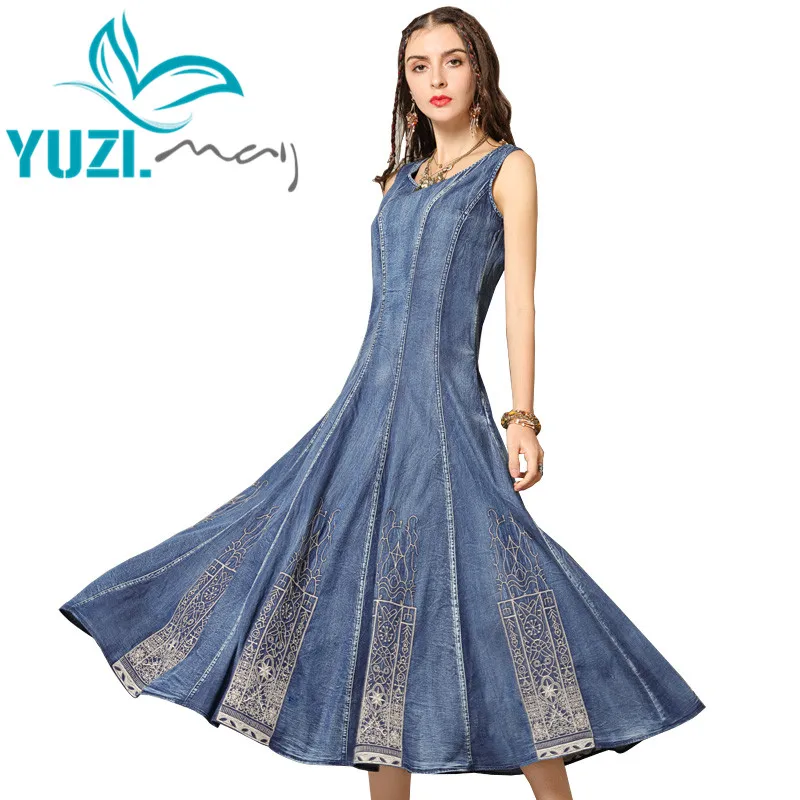 

Summer Dress 2019 Yuzi.may Boho New Denim Women Dresses O-Neck Sleeveless Sundress Embroidery Swing Hem Vestido DZ301 Vestidos