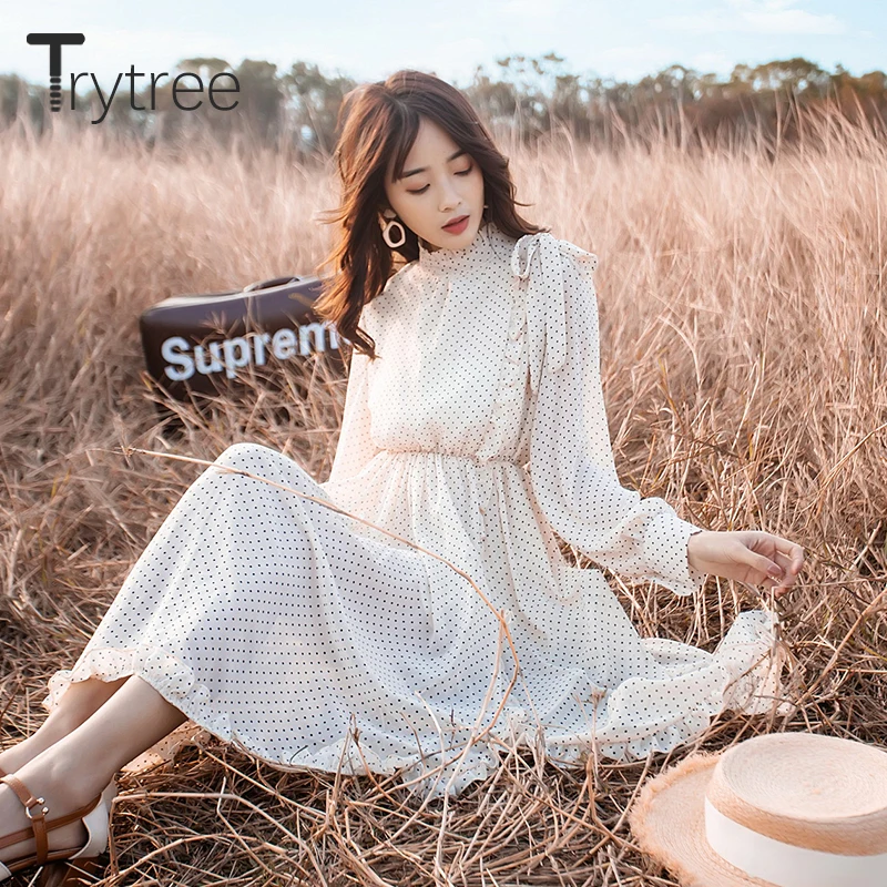 Винтажное платье в горошек Trytree женские платья с длинным рукавом и бантом до