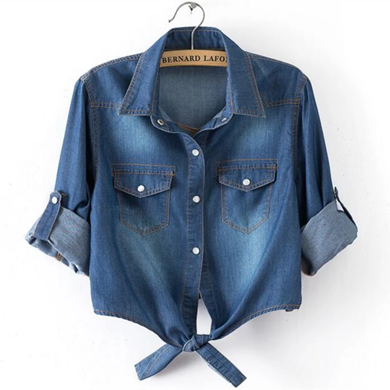 Новинка 2018 летняя Женская Повседневная Укороченная рубашка с длинными рукавами