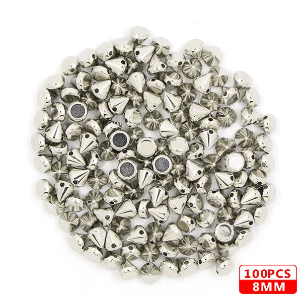 8MM Cone Sliver 100 шт шьют заклепки CCB пирамиды конусные заклепки все виды пластиковых шпильки серебристые золотые черные шипы для кожаной одежды аксессуары DIY - Цвет: 8MM Cone Sliver