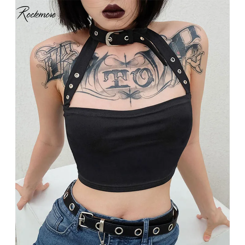 Фото Rockmore Black Gothic Halter Buckle Tank Top Women Punk Style Cotton Suspender Backless Vest Crop Tops Femme Streetwear Clubwear Женская Rockmore Black Gothic Halter Buckle Tank Top Women Punk Style Cotton Suspender Backless Vest Crop Tops Femme Streetwear Clubwear Женская