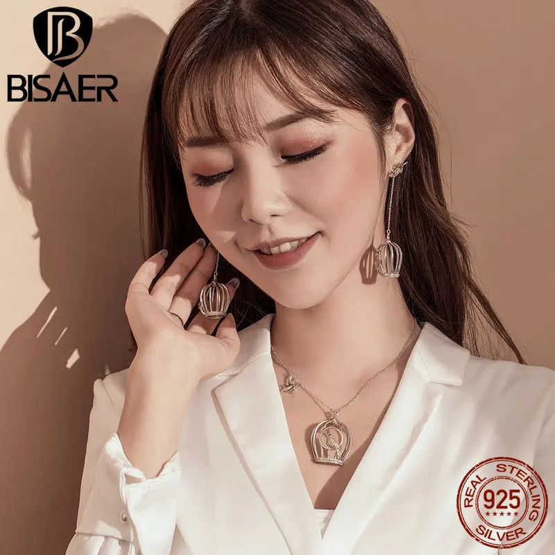 BISAER уникальные серьги 925 пробы серебряная клетка для канареек Висячие серьги для женщин вечерние Роскошные ослепительные аксессуары GCE003