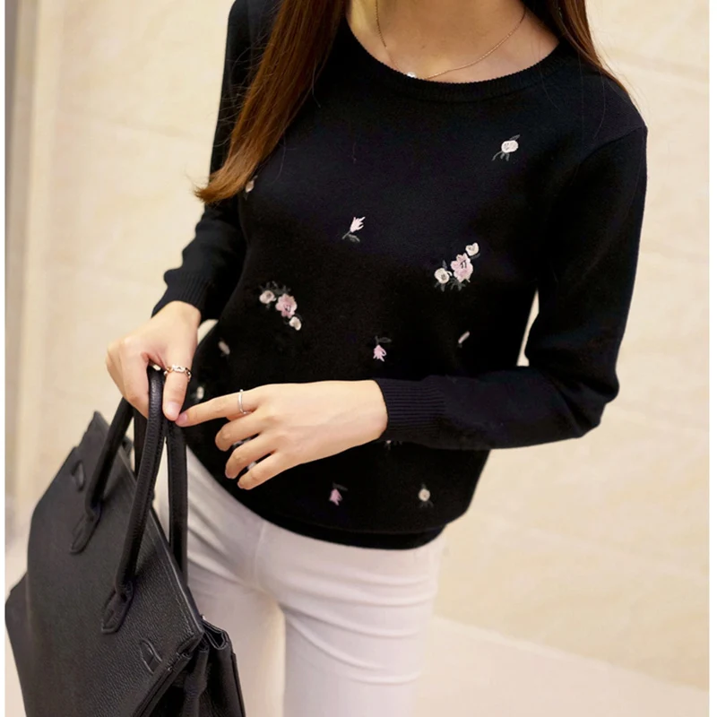 2021 Newest Style Womens Pullovers Beautiful Flowers Embroidery Long Sleeve Casual Women Cotton Sweater Solid Color Female Tops | Женская