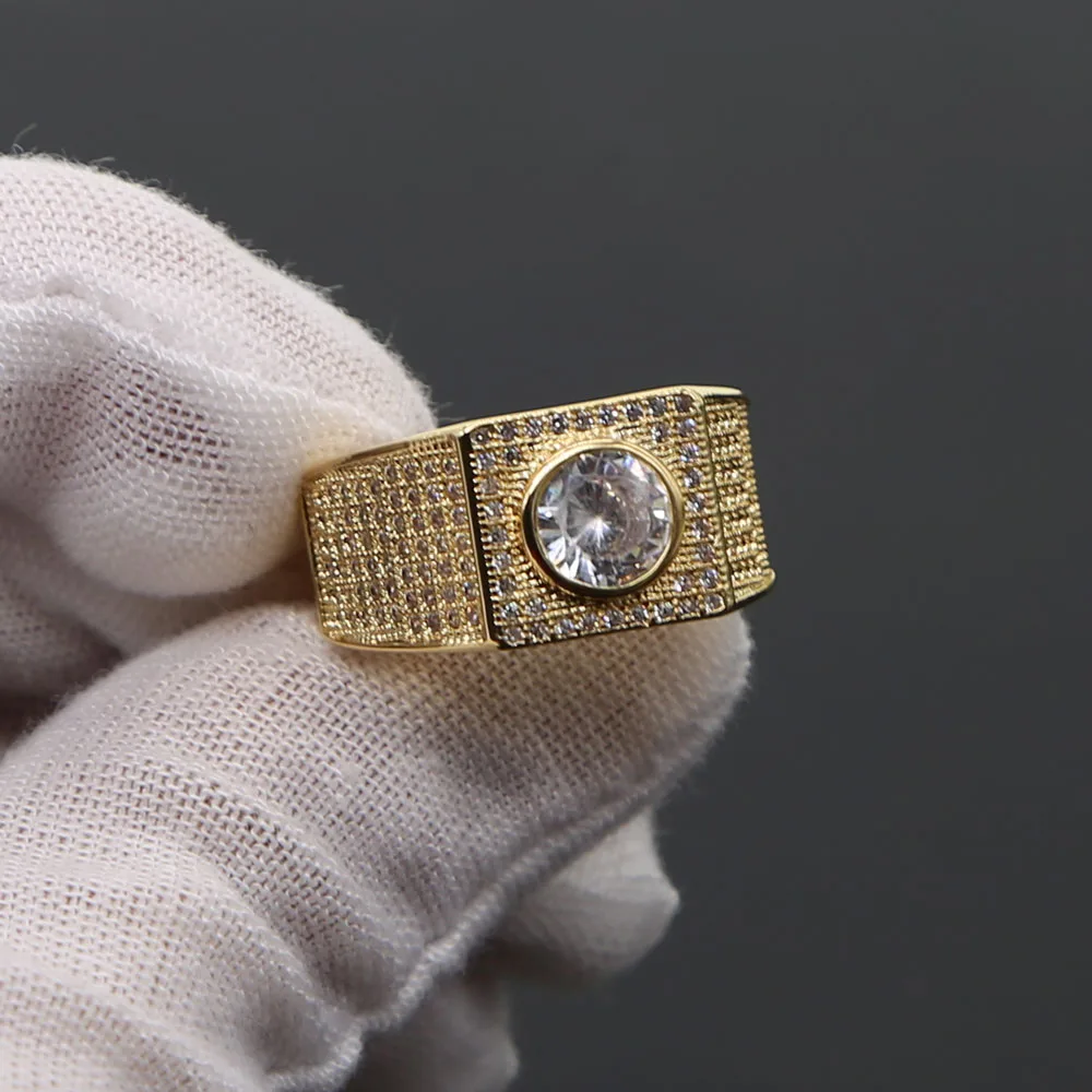 Hip Hop Full Micro Pave Rhinestone Iced Out Bling Square Ring Gold Color big cz Rings for Men Jewelry wholesale in promotion | Украшения и