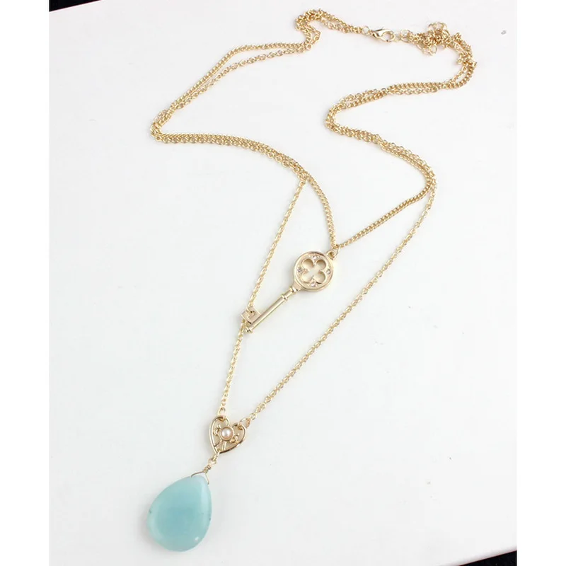 Двойной слой ключа в виде капли воды Amazon Stone кулон Цепочки и Ожерелья