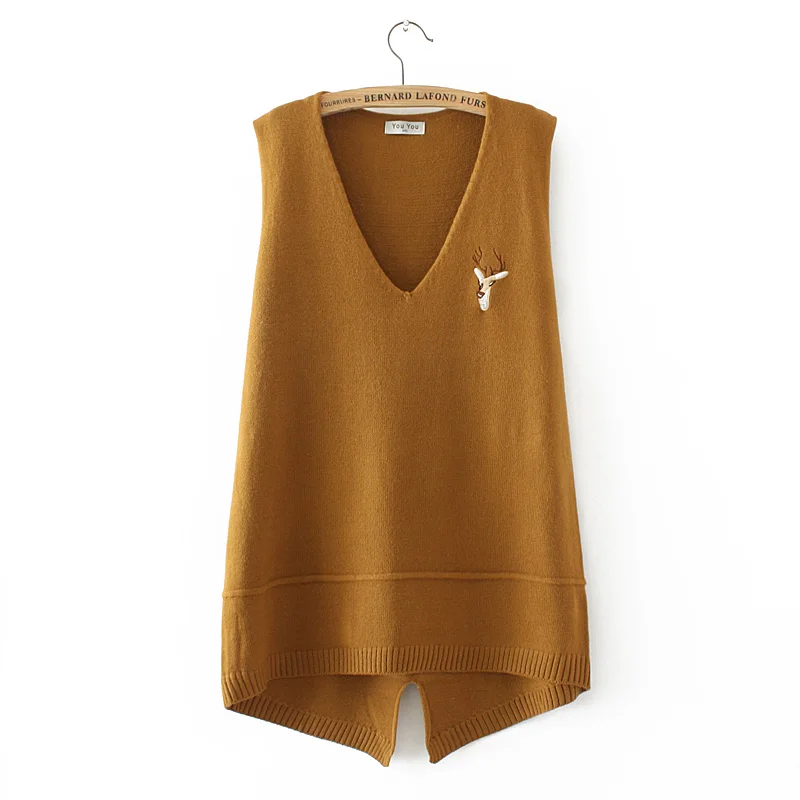 Plus size spring vest sleeveless sweaters 2018 dark blue gray Khaki Embroidered knitted V neck wool female top wear Pullovers | Женская