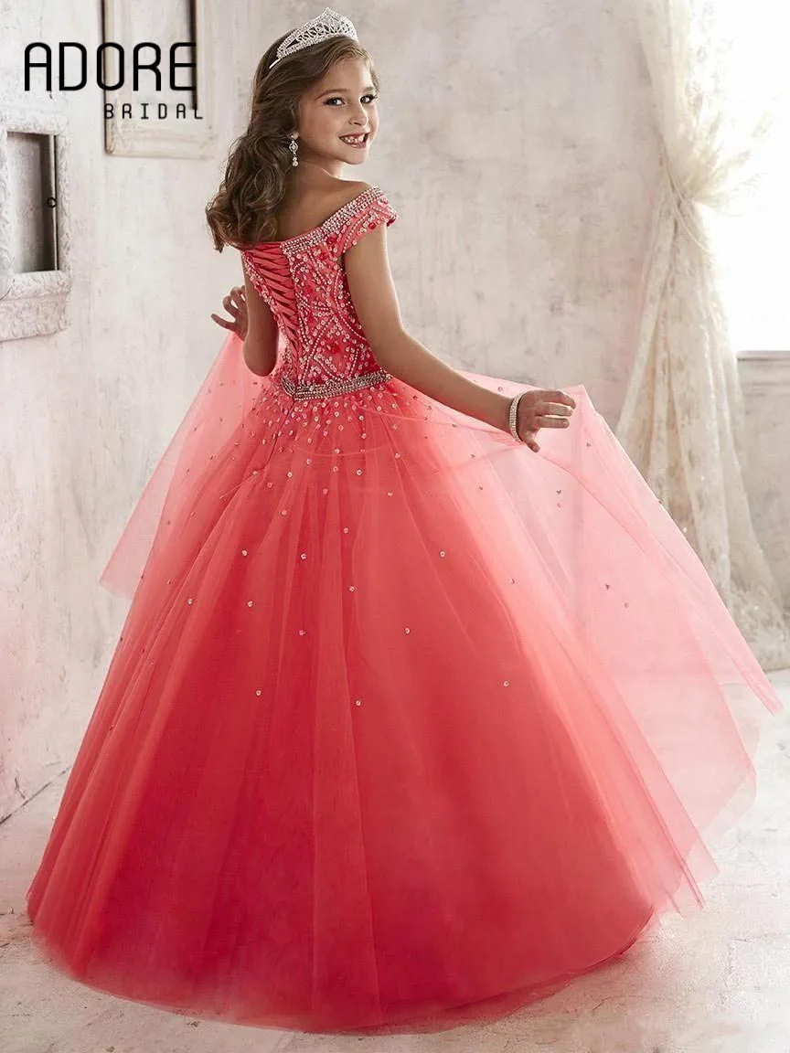 2017 Красивая Империя С Плеча Бисером Кристаллы Pageant Платья для Детей Тюль Длина