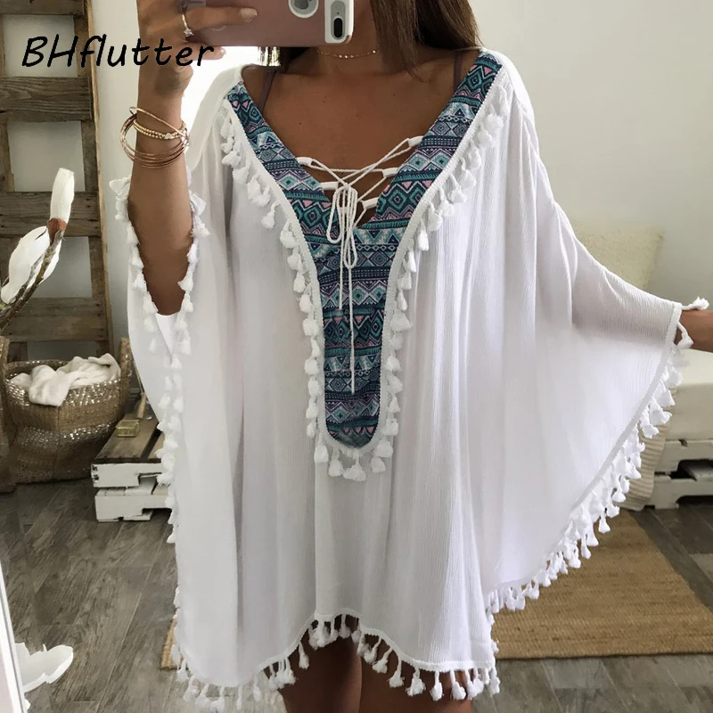 BHflutter 4XL 5XL 6XL размера плюс женская одежда с кисточками белое летнее платье с рукавами летучая мышь на шнуровке с v-образным вырезом платье-халат повседневное пляжное платье