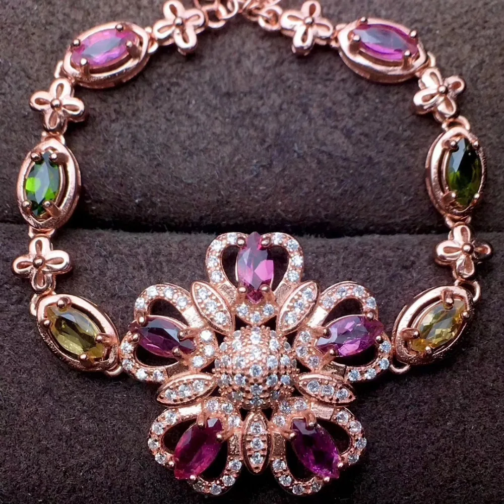 

Natural Multicolor tourmaline Fashion Flower Bracelet Natural gemstone Bracelet S925 silver girl women wedding gift Jewelery