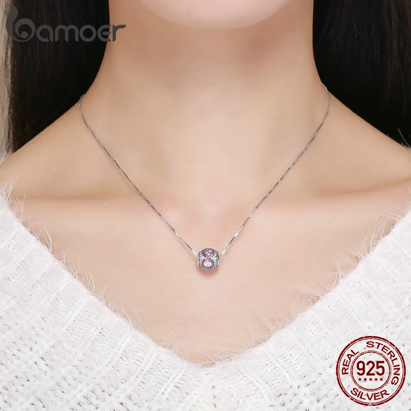 BAMOER, настоящее 925 пробы, Серебряное сердце, прозрачный CZ& розовый кристалл, шарм, подходит для женщин, браслет, ювелирное изделие, подарок на день Святого Валентина SCC582