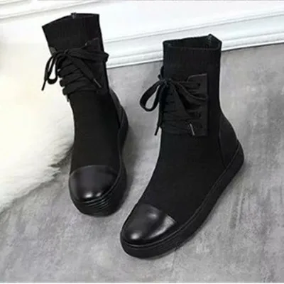 Black Plush Женские ботинки из натуральной кожи; вязаные шерстяные ботинки; коллекция года; сезон осень-зима; черные ботинки; женская обувь на шнуровке; женские зимние ботинки - Цвет: Black Plush