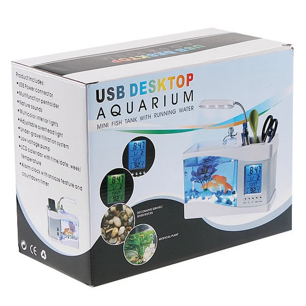 

Mini Fish Tank Plastic Aquarium USB Auto Mini Fish Aquarium with LED Light LCD Display Screen and Clock Fish Tank Multi-function