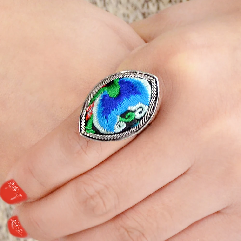 Ethnic Boho Rings Antique Silver Color with Flower Pattern Geometric Handmade Colorful Embroidery Jewelry For Women Bijoux | Украшения и