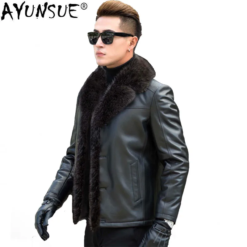 

AYUNSUE Leather Jacket Men Real Raccoon Fur Collar Wool Liner Second Layer of Sheepskin Coat Men Leather Jackets A2020 MY729