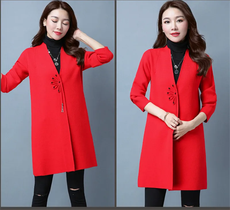 LUO SHA, китайская женская одежда, женский кардиган, вязаный свитер, пальто с v-образным вырезом, длинный кардиган, Женская куртка, кардиган с дисковой пряжкой