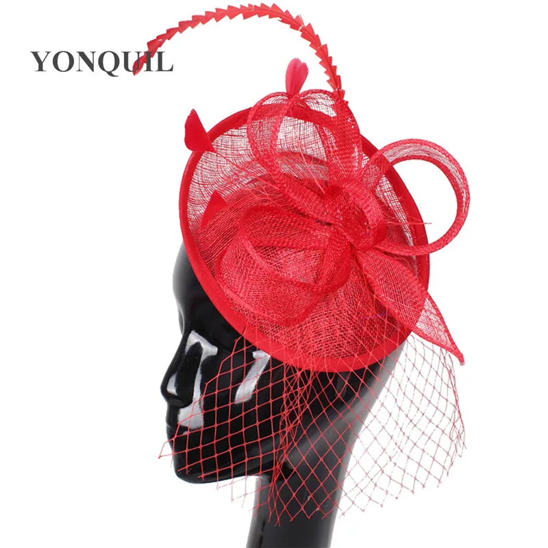 

High Quality Sinamay Fascinator Women Headwear Sinamay With Veils Feather Fancy Cocktail Hats Wedding Millinery Hair Accessories
