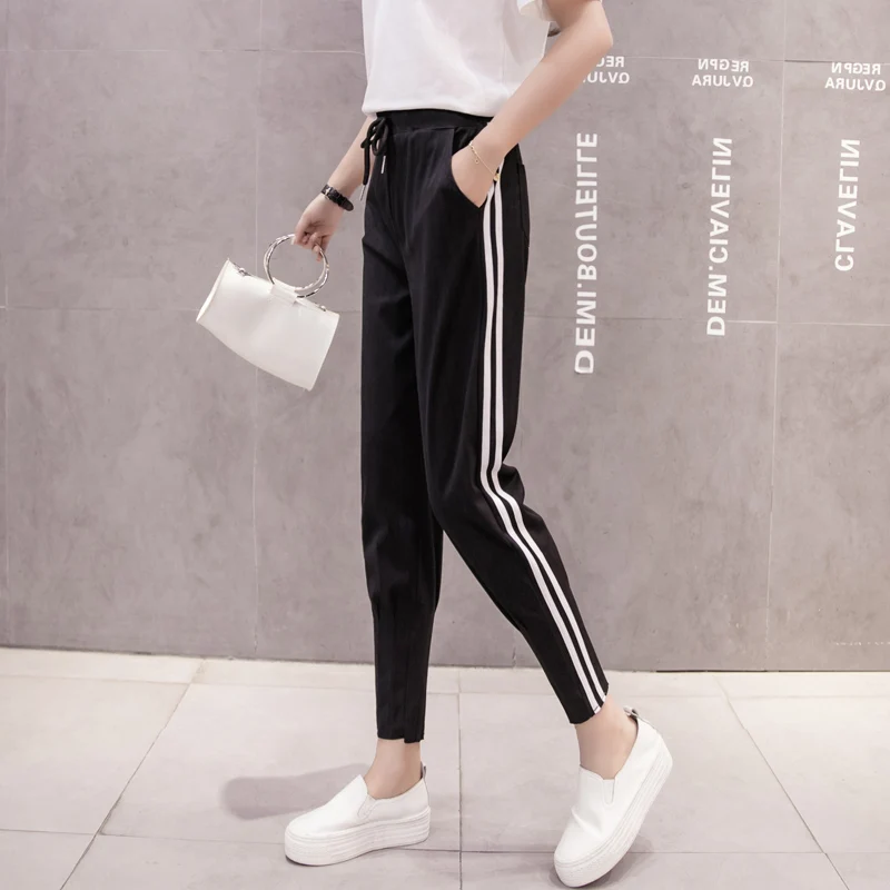 2018 топ модные женские полосатые шаровары черные повседневные штаны с высокой