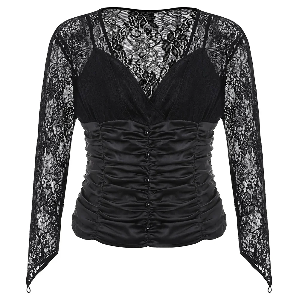 Rosegal плюс размер кнопки кружевная панель Ruched футболка Женская Сексуальная V шея с