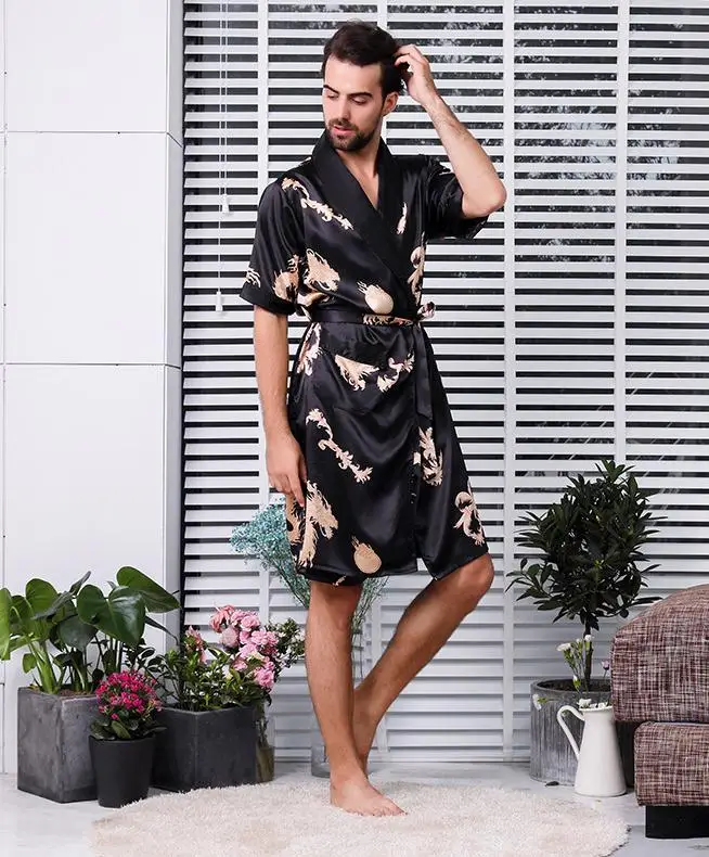 robe 10 Шелковистые повседневные спальные халаты мужские кимоно Летние Элегантные удобные мягкие домашние халаты юката Мужская домашняя одежда для мужчин - Цвет: robe 10