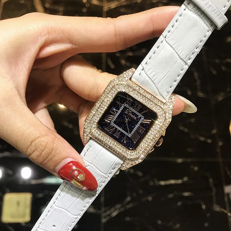 gold case gray belt Топ Роскошные часы с квадратным браслетом и полностью бриллиантами, женские модные кварцевые часы с кожаным ремешком, стразы, новые элегантные женские часы - Цвет: gold case gray belt