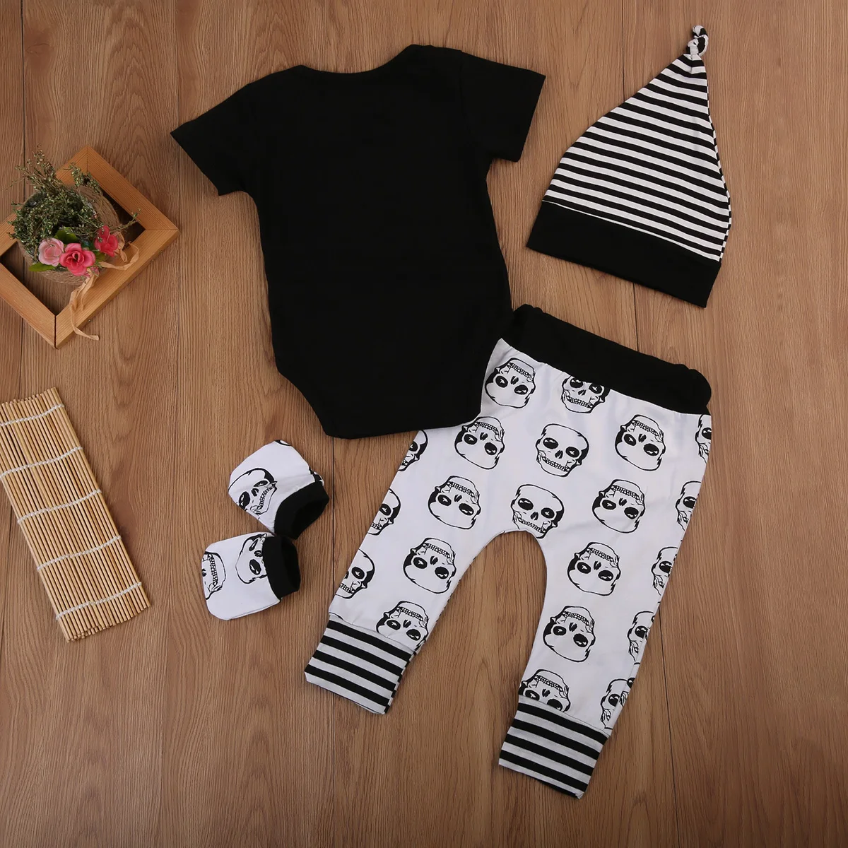 Newborn Kids Baby Boys Skull Tops Romper Long Pants Hat 4Pcs Outfits Set Clothes Cotton Infant Toddler Boy Girls Clothing | Детская